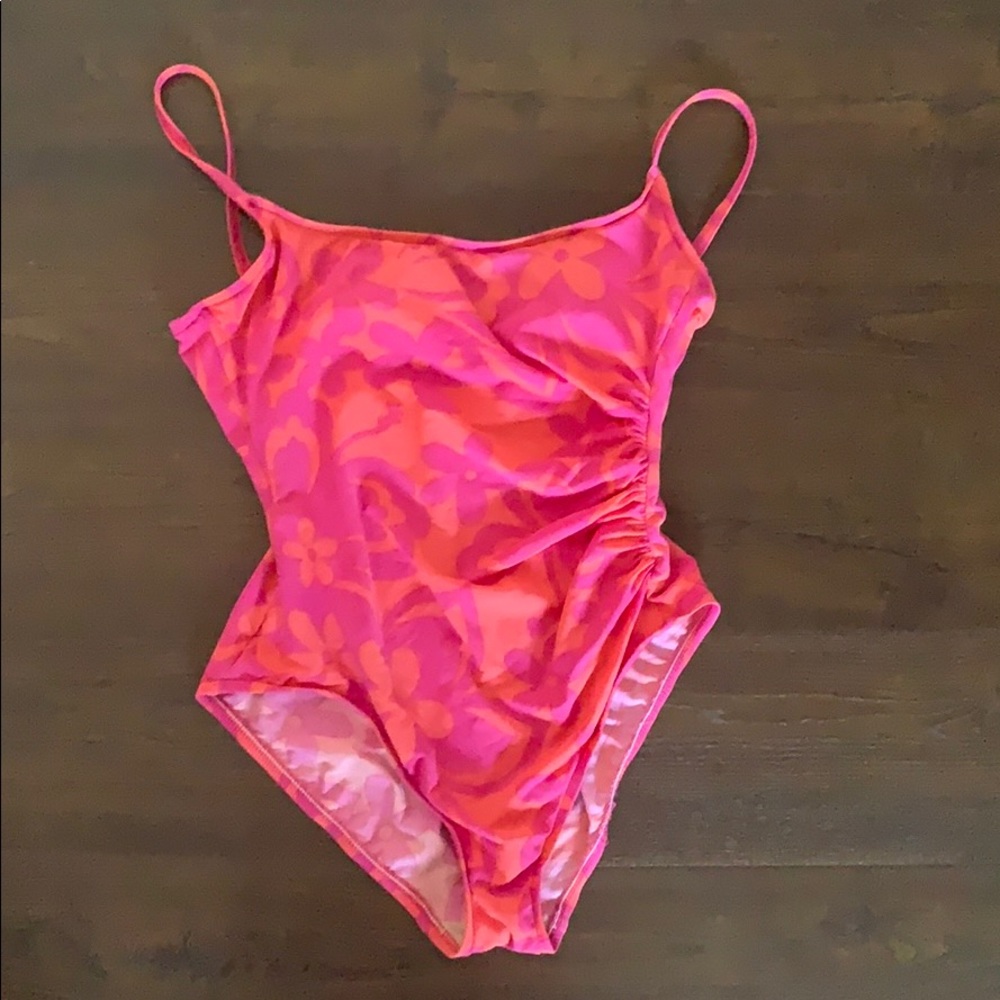Vibrant orange/pink side gathered one piece